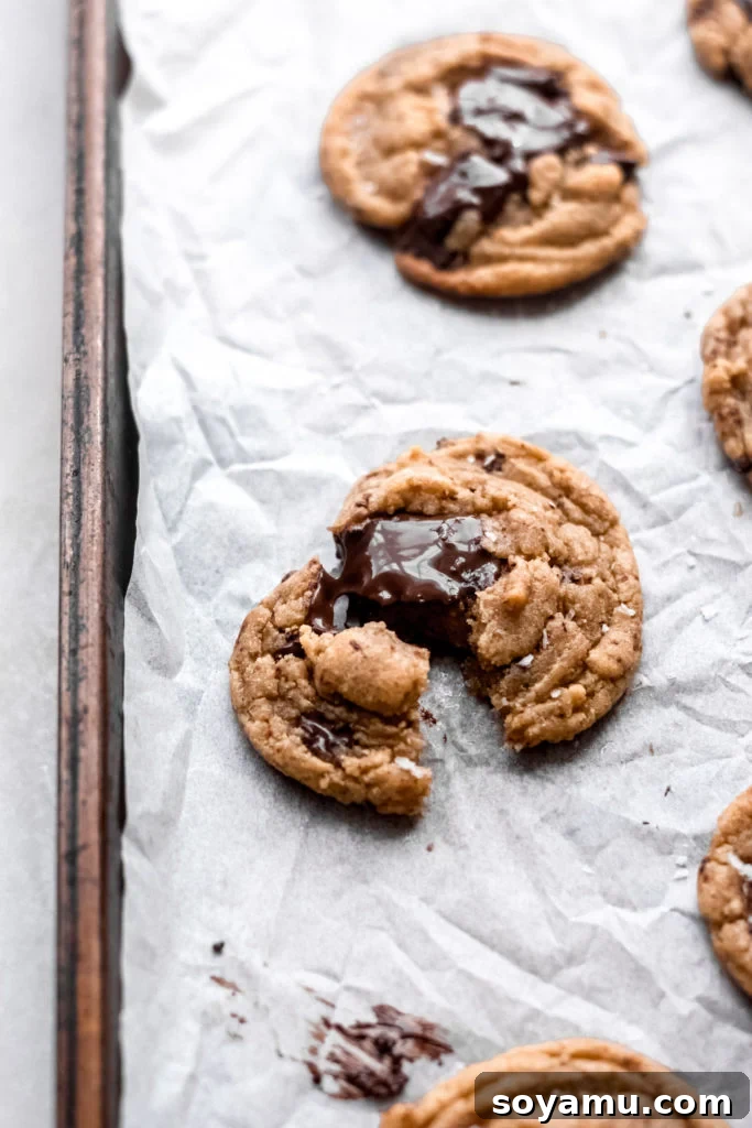 One Bowl Chocolate Chunk Cookies A close-up view of warm chocolate chunk cookies on a baking sheet, highlighting the gooey chocolate chunks and a sprinkle of flaky sea salt.