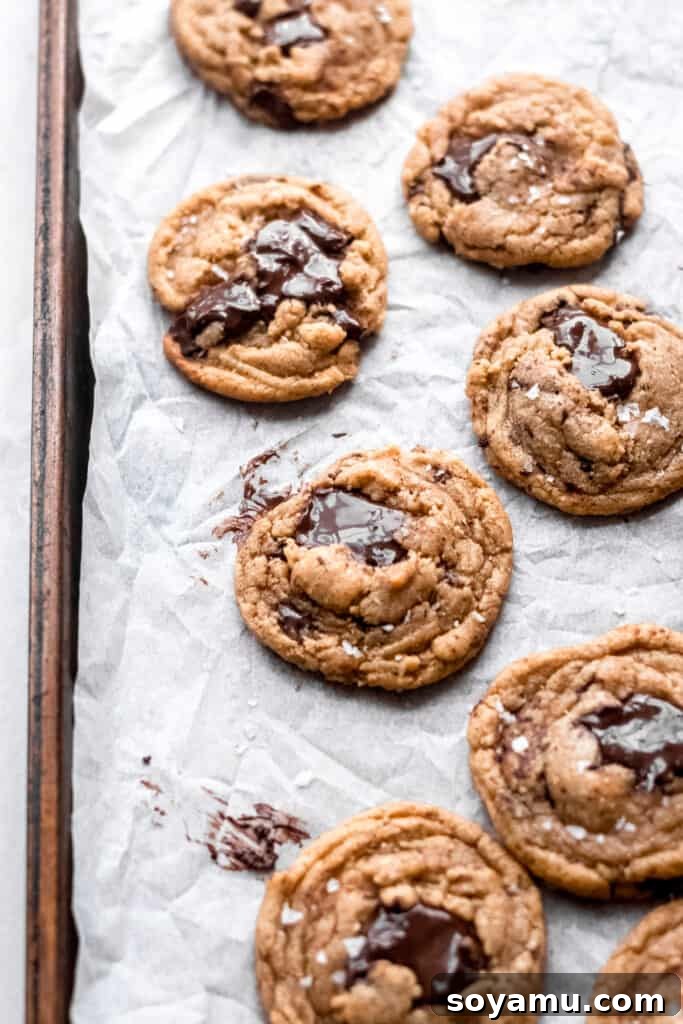 One Bowl Chocolate Chunk Cookies A baking sheet filled with a fresh batch of warm chocolate chunk cookies, steam gently rising.