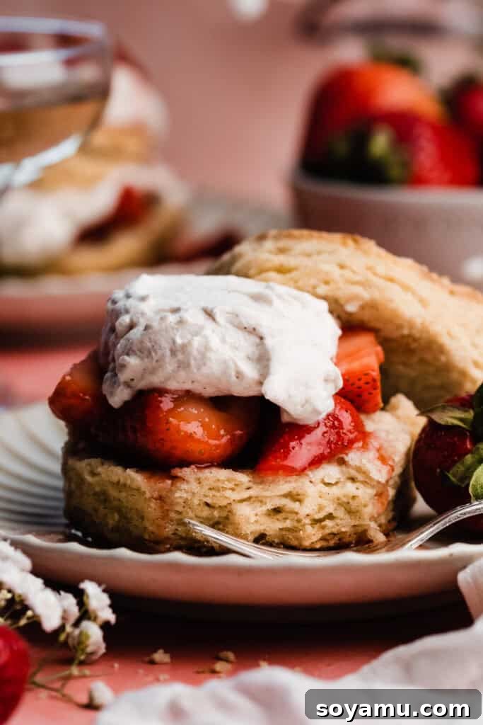Sun-Kissed Strawberry Shortcakes with Dreamy Whipped Cream 12 A close-up on an assembled strawberry shortcake, with the biscuit top leaning off to the side to reveal the strawberries & cream inside.