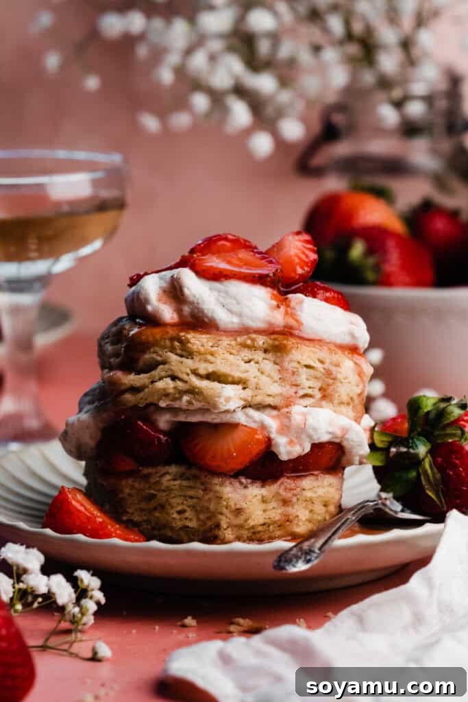 Sun-Kissed Strawberry Shortcakes with Dreamy Whipped Cream 4 A double decker strawberry shortcake on a plate. It has strawberries and whipped cream inside and on top of the biscuit lid!