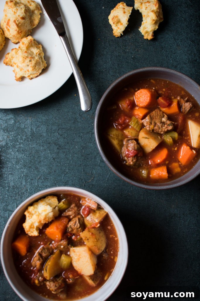 A hearty bowl of Crock Pot Vegetable Beef Soup with fresh herbs.