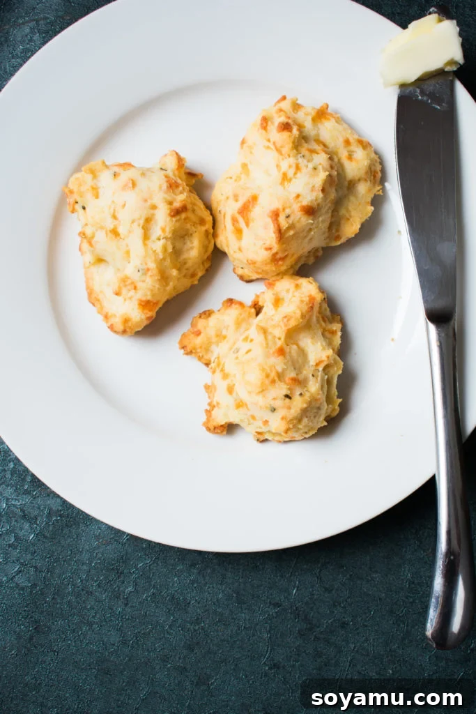 Homemade cheddar herb drop biscuits, golden brown and fluffy.
