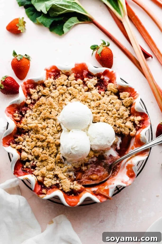Easy One Bowl Strawberry Rhubarb Crumble 2 A vibrant Strawberry Rhubarb Crumble in a rustic pie dish, surrounded by fresh strawberries and chopped rhubarb stalks, ready to be served.