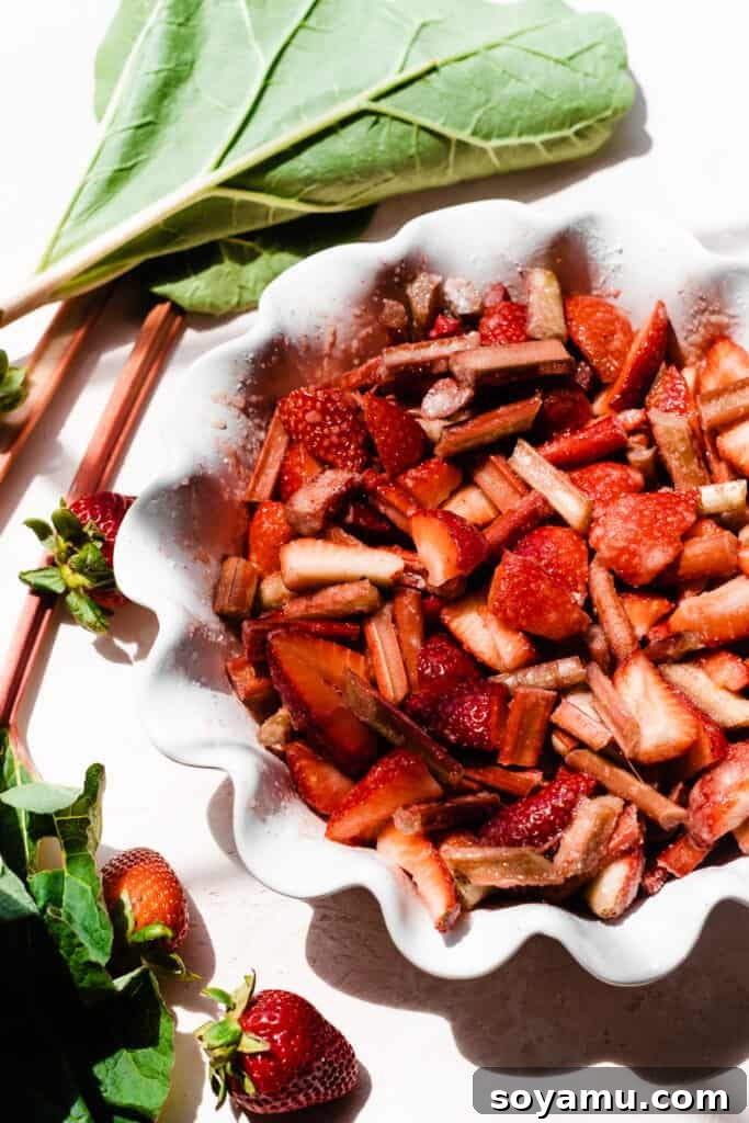 Easy One Bowl Strawberry Rhubarb Crumble 4 A pie dish filled with a colorful mix of chopped strawberries and rhubarb, coated in sugar and cornstarch, ready for the topping.