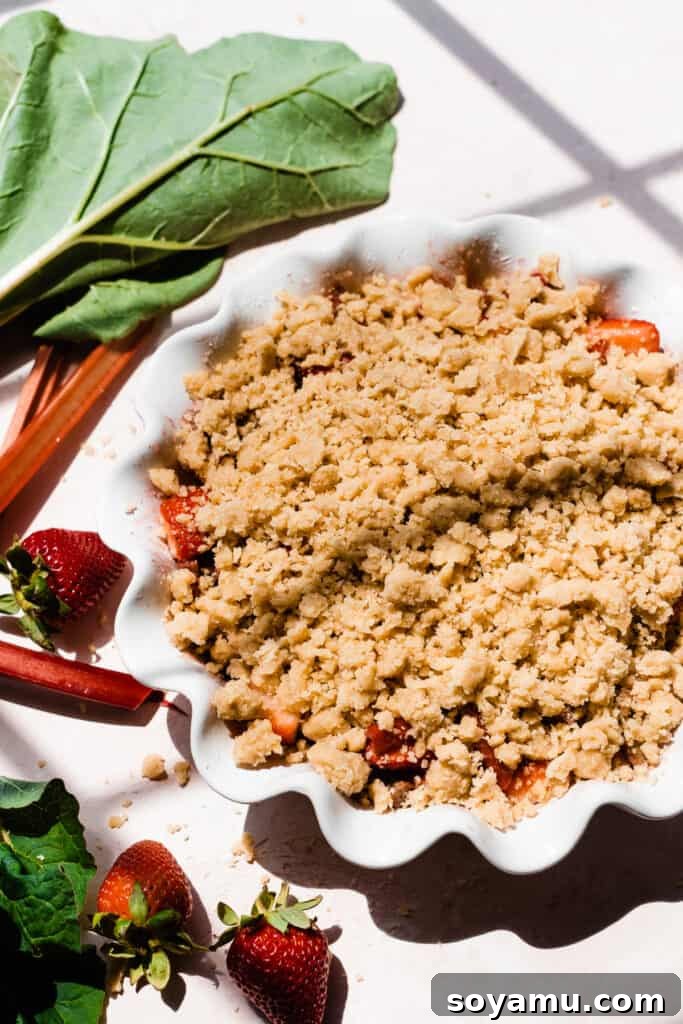 Easy One Bowl Strawberry Rhubarb Crumble 5 The unbaked Strawberry Rhubarb Crumble, with a generous layer of buttery, golden crumble topping evenly spread over the fruit filling.