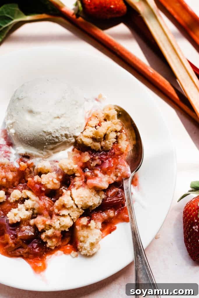 Easy One Bowl Strawberry Rhubarb Crumble 6 A spoon digging into a single serving of warm strawberry rhubarb crumble on a white plate, showcasing the juicy fruit and crisp topping.