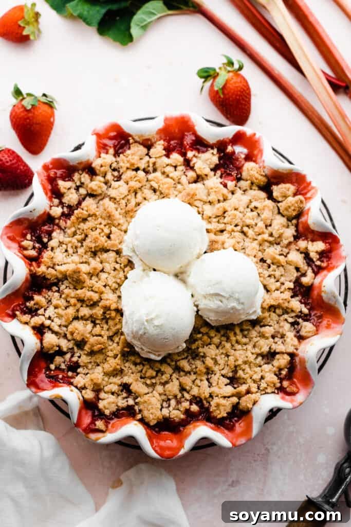 Easy One Bowl Strawberry Rhubarb Crumble 7 A freshly baked strawberry rhubarb crumble generously topped with scoops of melting vanilla ice cream, ready to be enjoyed.