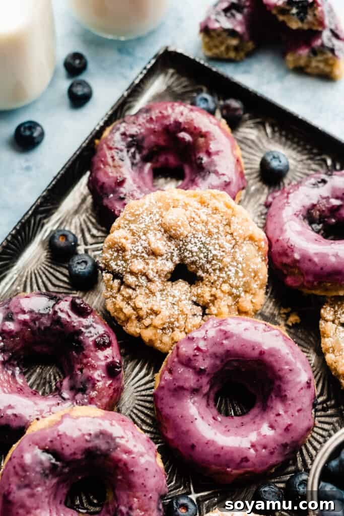 A close-up shot of baked blueberry donuts, some topped with a crunchy streusel and others with a smooth blueberry glaze.