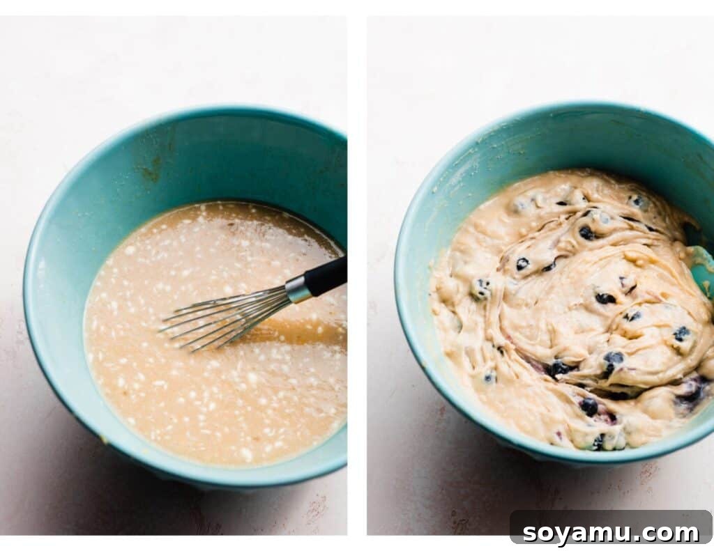 Two images side-by-side: one showing whisked wet ingredients, the other showing the donut batter with blueberries gently folded in.