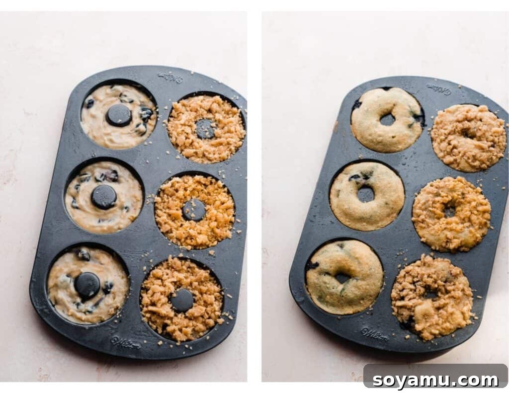Two images: one showcasing donut batter piped into a donut pan, and the other showing perfectly baked donuts in the pan.