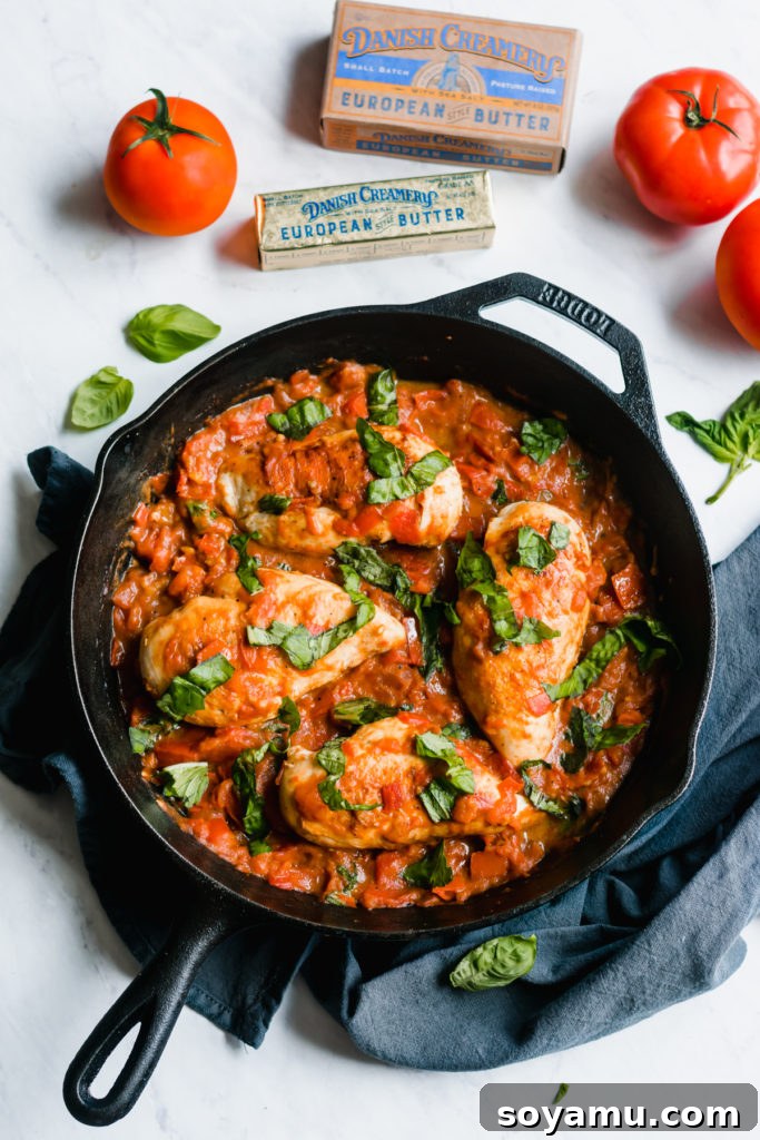 Easy One Pan Chicken with Garlic Butter Tomato Sauce Top down view of one pan chicken with garlic butter tomato sauce in a skillet, garnished with fresh basil.