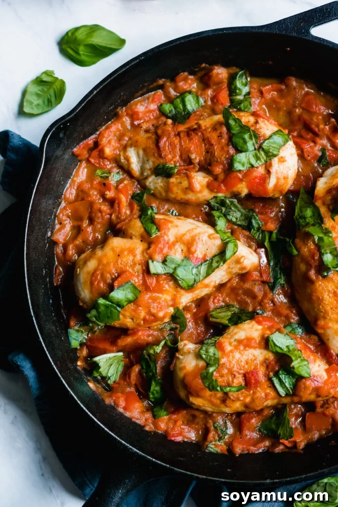 Delicious Skillet Chicken with Tomato Basil Sauce One pan chicken with garlic butter tomato sauce in a skillet, ready to be served.