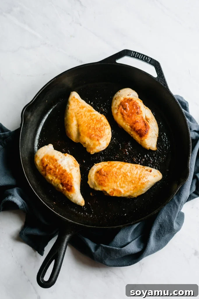 Searing Chicken Breasts in a Skillet Four seasoned chicken breasts cooking in a hot skillet.