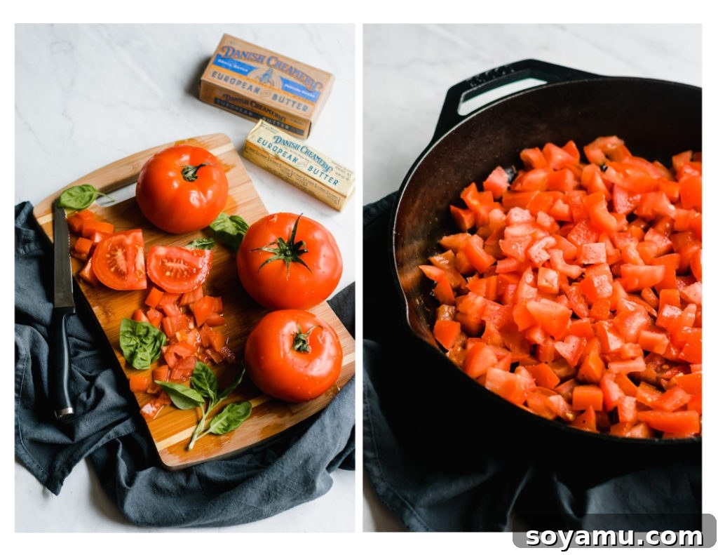 Cooking Tomatoes for the Sauce Diced fresh tomatoes in a skillet, with more tomatoes on a cutting board.