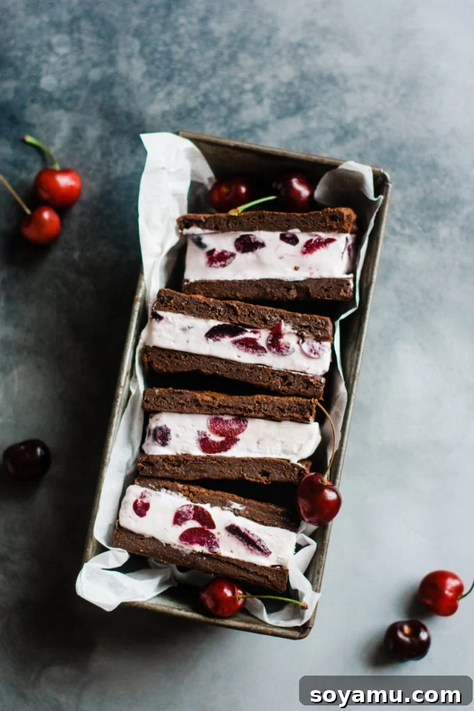 Handcrafted Black Forest Ice Cream Sandwiches 2 Beautifully stacked Black Forest ice cream sandwiches presented in a rustic tin, highlighting their rich chocolate brownie layers and vibrant cherry ice cream filling.