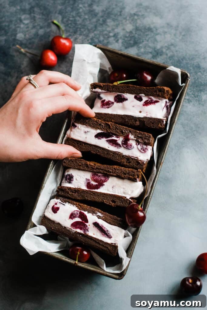 Handcrafted Black Forest Ice Cream Sandwiches 3 A close-up view of Black Forest ice cream sandwiches nestled in a tin, showcasing the texture of the brownie and the creamy cherry ice cream.