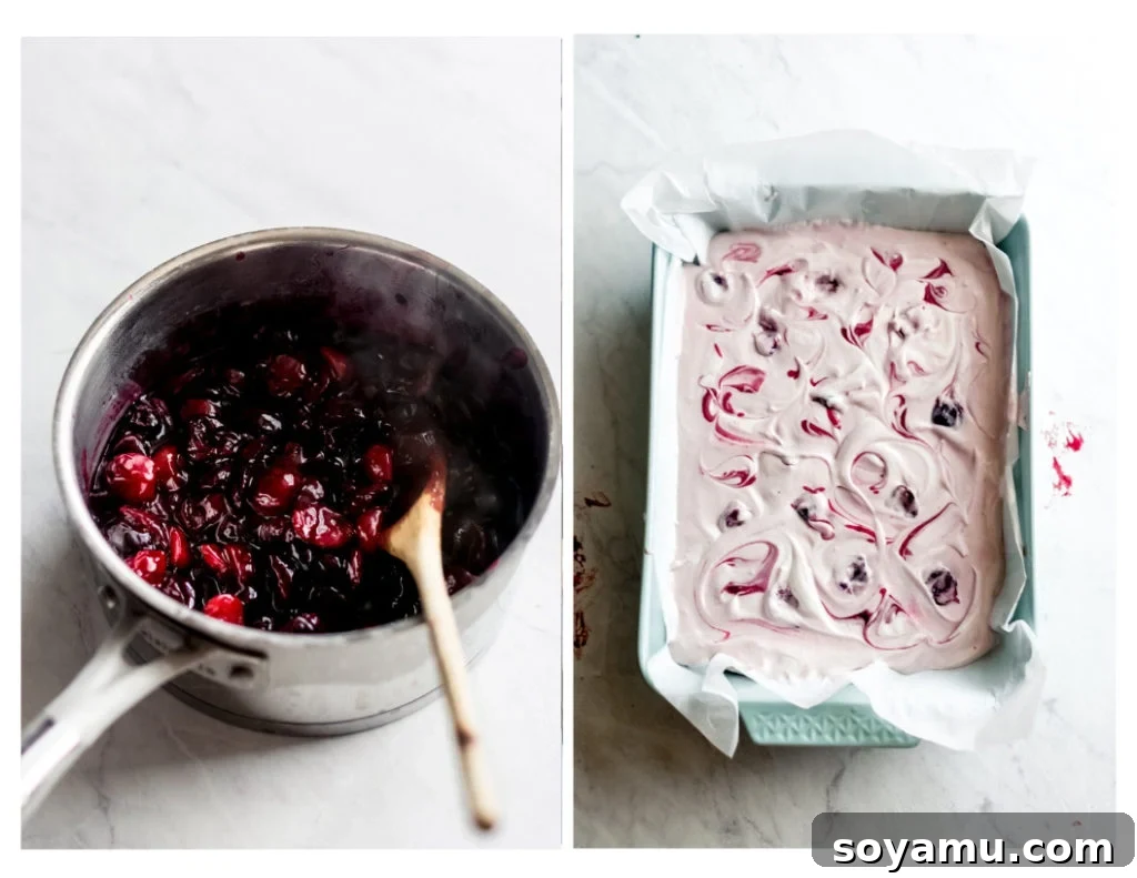 Handcrafted Black Forest Ice Cream Sandwiches 5 The process of making cherry ice cream: Fresh cherries cooking in a pot, followed by the prepared cherry mixture cooling in a bowl alongside a whipped cream base.