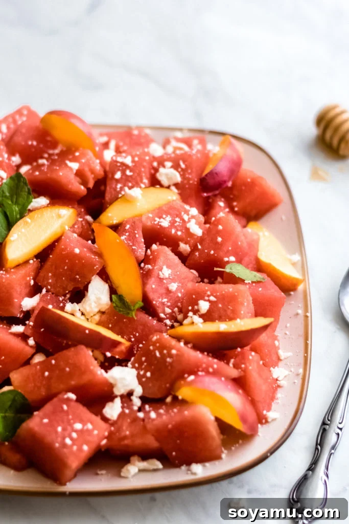 A large serving bowl filled with watermelon nectarine salad, garnished with feta cheese and a hint of mint, ready for guests.