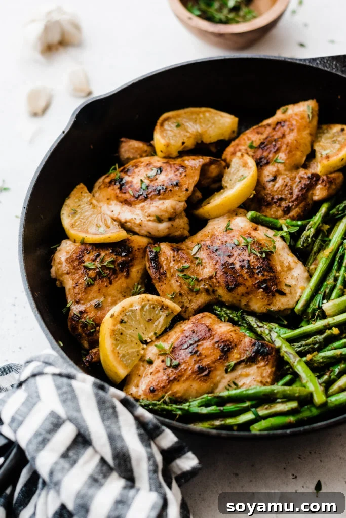 One Pan Lemon Garlic Chicken with Asparagus - A perfect, flavorful meal. Close-up of One Pan Lemon Garlic Chicken with Asparagus in a cast iron skillet, garnished with fresh herbs.