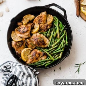 Final dish of One Pan Lemon Garlic Chicken with Asparagus plated beautifully.