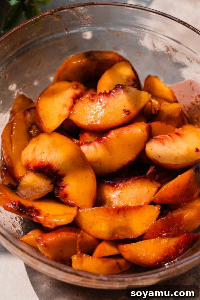 Caramelized Peach Cobbler Flip 5 A bowl of juicy peaches.