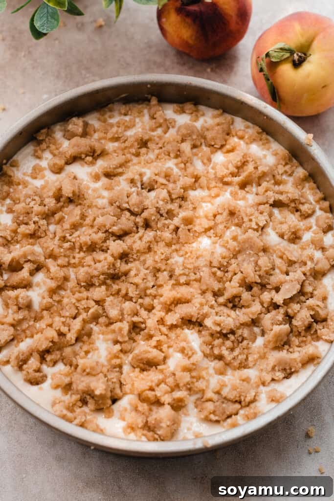 Caramelized Peach Cobbler Flip 9 The assembled cake ready to bake.