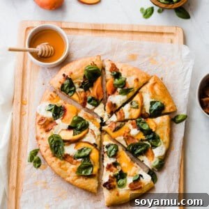 A square image of Peach Pizza with Fresh Basil, Bacon, and Honey.