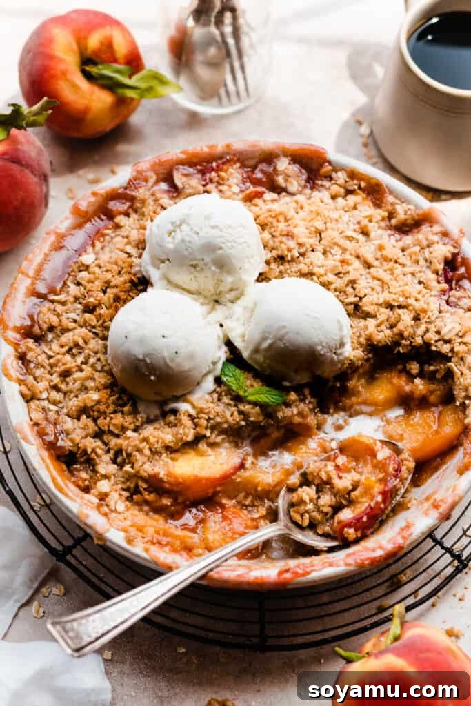 Heavenly Brown Butter Peach Crisp 9 A golden brown peach crisp, bubbling hot and topped with two scoops of vanilla ice cream, ready to be served.
