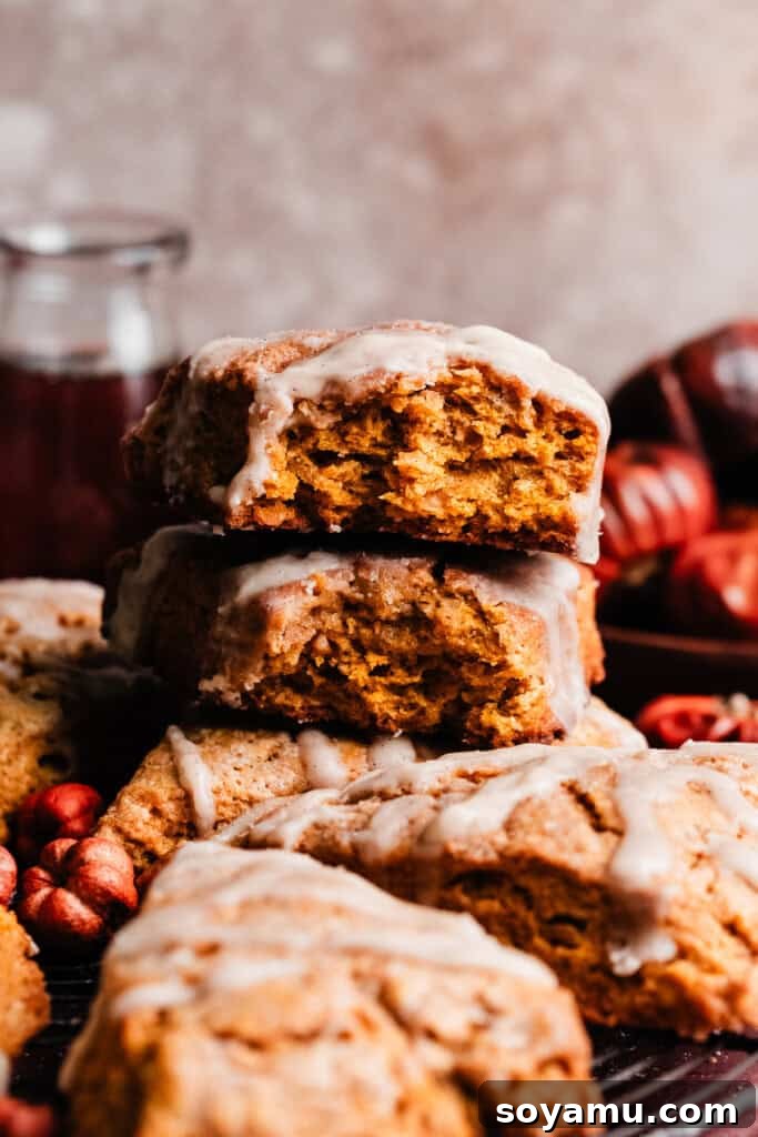 A stack of pumpkin scones, with the fluffy & tender insides visible, highlighting the texture. Keywords: Scone Stack, Tender Scones, Pumpkin Scone Texture.