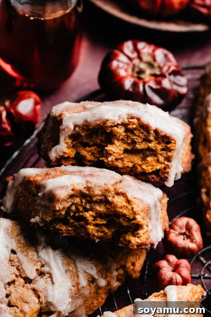 A close-up on two halves of a pumpkin scone, showing the flaky insides. Keywords: Flaky Scones, Scone Texture, Pumpkin Scone Inside.