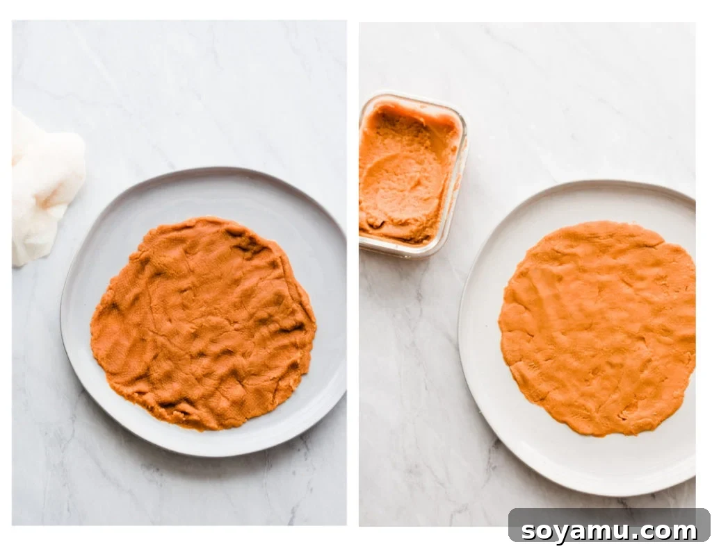 Pumpkin on a plate, before and after being blotted, showing moisture removal. Keywords: Blot Pumpkin, Pumpkin Puree Prep, Scone Baking Tips.