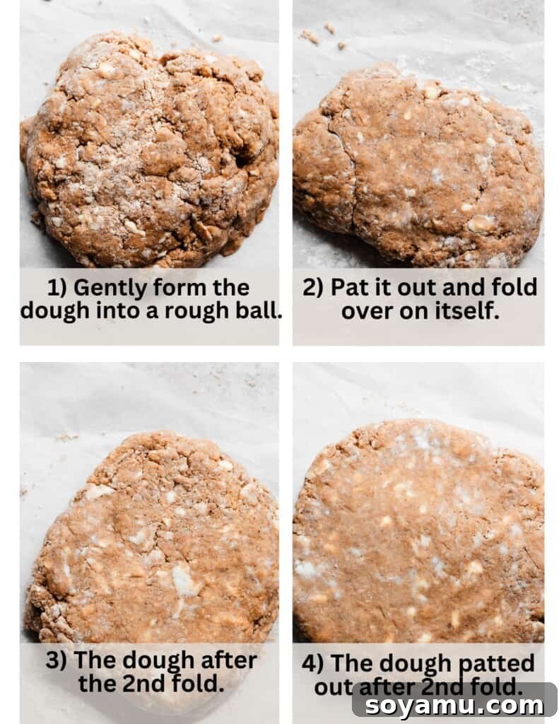 Four images showing the scone dough being folded and patted back out, demonstrating the layering technique. Keywords: Folding Scone Dough, Scone Shaping, Flaky Scones Technique.