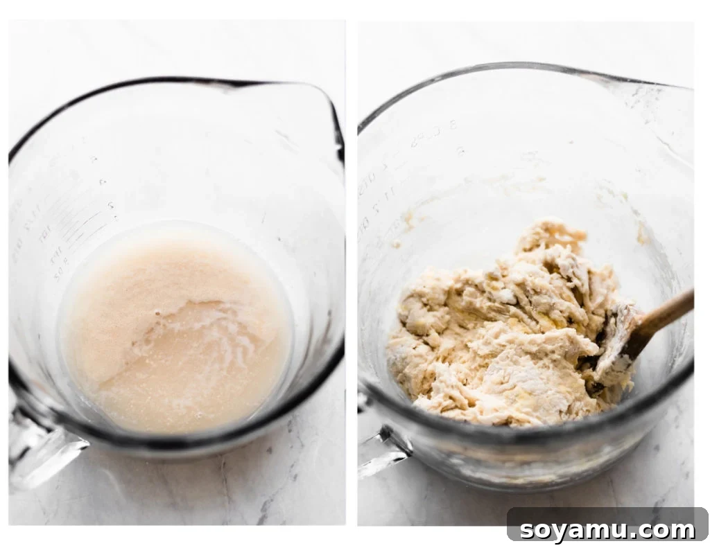 Activating Yeast for Pizza Dough Yeast and sugar stirred up in warm water in a pitcher, showing a foamy top layer.