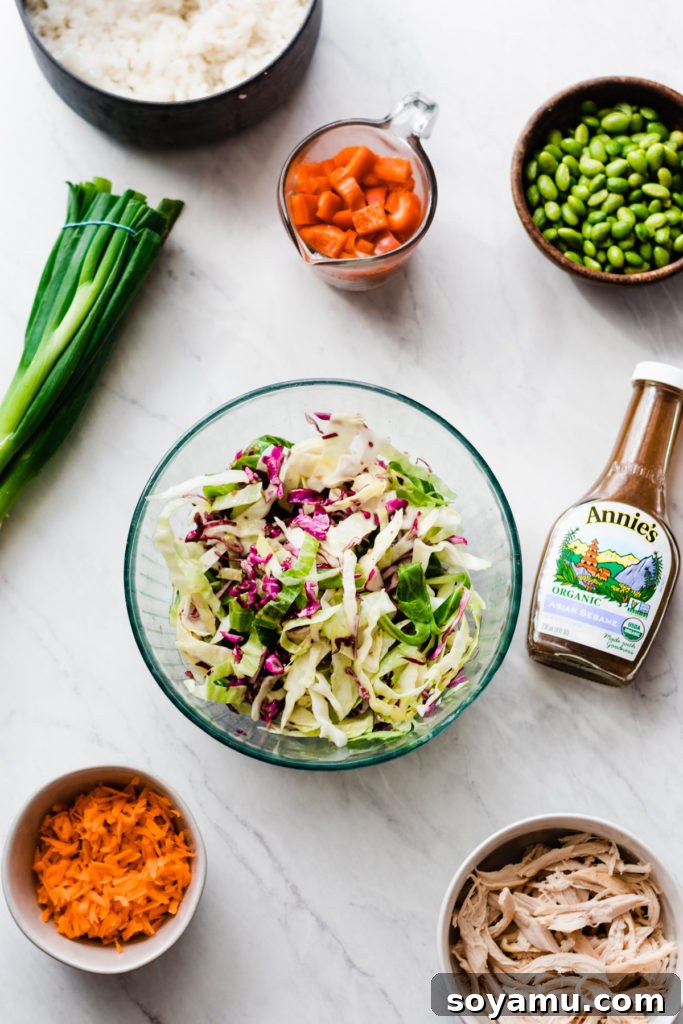 Close-up of Asian Chicken Bowl ingredients showing shredded chicken, red and green cabbage, carrots, red bell pepper, and edamame, mixed in a bowl.