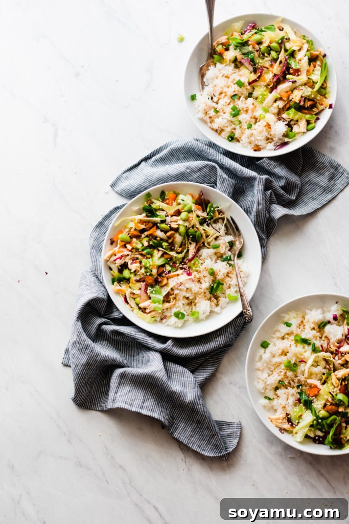 Multiple Asian Chicken Bowls arranged for meal prep, showcasing their fresh ingredients and suitability for healthy eating.