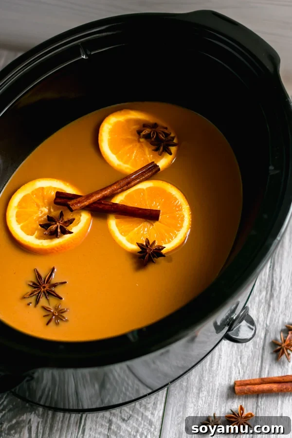 Crock Pot Mulled Apple Cider Steaming Crock Pot mulled apple cider in a glass mug, garnished with cinnamon sticks and apple slices, radiating warmth and fall spices.