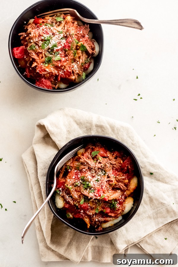 Braised Beef with Tomatoes and Gnocchi Hearty braised beef served with tender gnocchi and rich tomatoes in a bowl, showcasing a delicious and comforting fall main course.