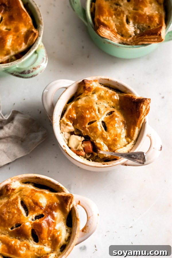 Cozy Chicken Pot Pie A golden-crusted cozy chicken pot pie, baked in a rustic dish, promises a warm and hearty meal perfect for a chilly evening.