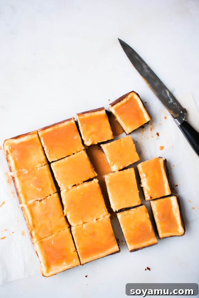 Gingersnap Crust Cheesecake Bars with Caramel Gingersnap crust cheesecake bars drizzled generously with caramel sauce, presented on a rustic cutting board, ideal for a fall dessert.
