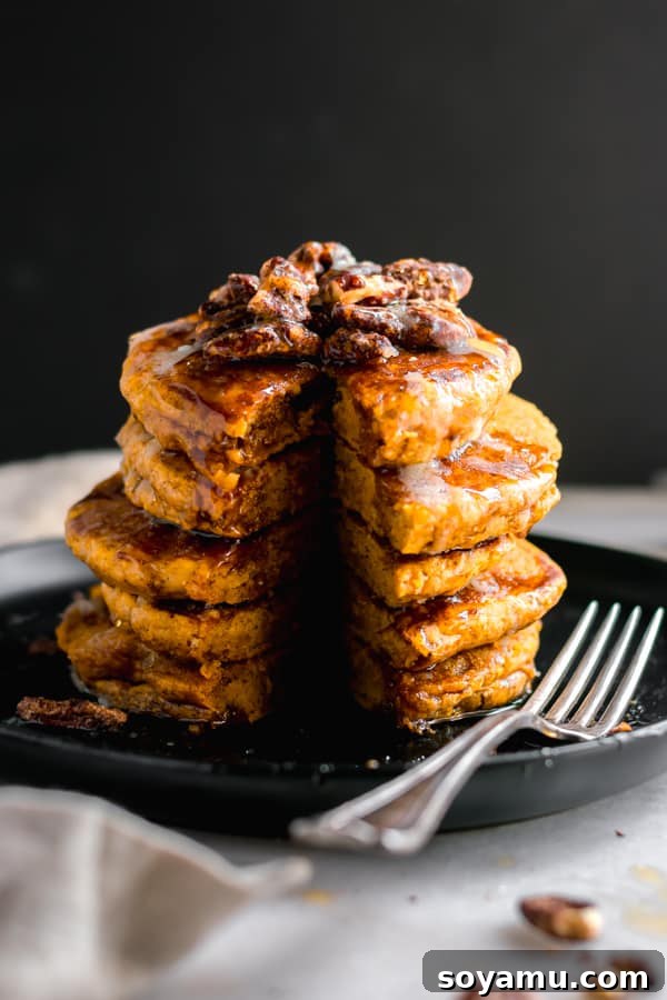 Fluffy Pumpkin Pancakes A stack of golden fluffy pumpkin pancakes adorned with cinnamon sugar pecans and a drizzle of maple syrup, perfect for a festive fall breakfast.