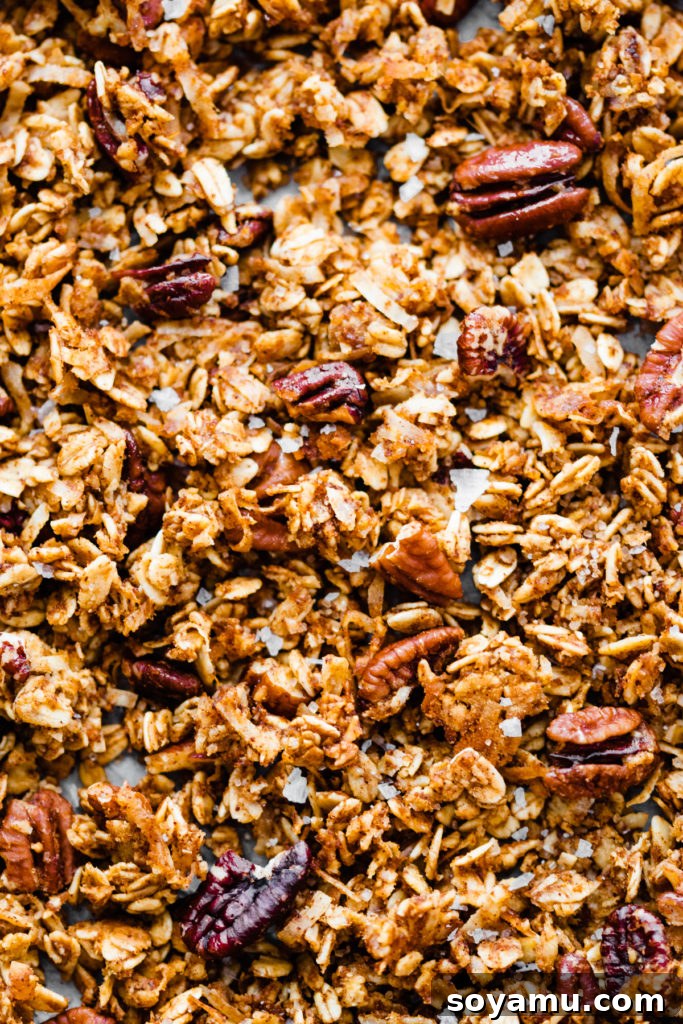 Scoops of homemade pumpkin granola in a rustic ceramic bowl.