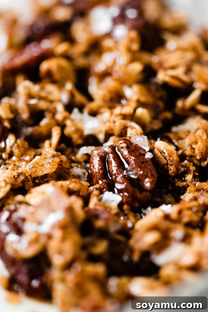 A close-up shot of a single cluster of homemade pumpkin granola, showing its texture.