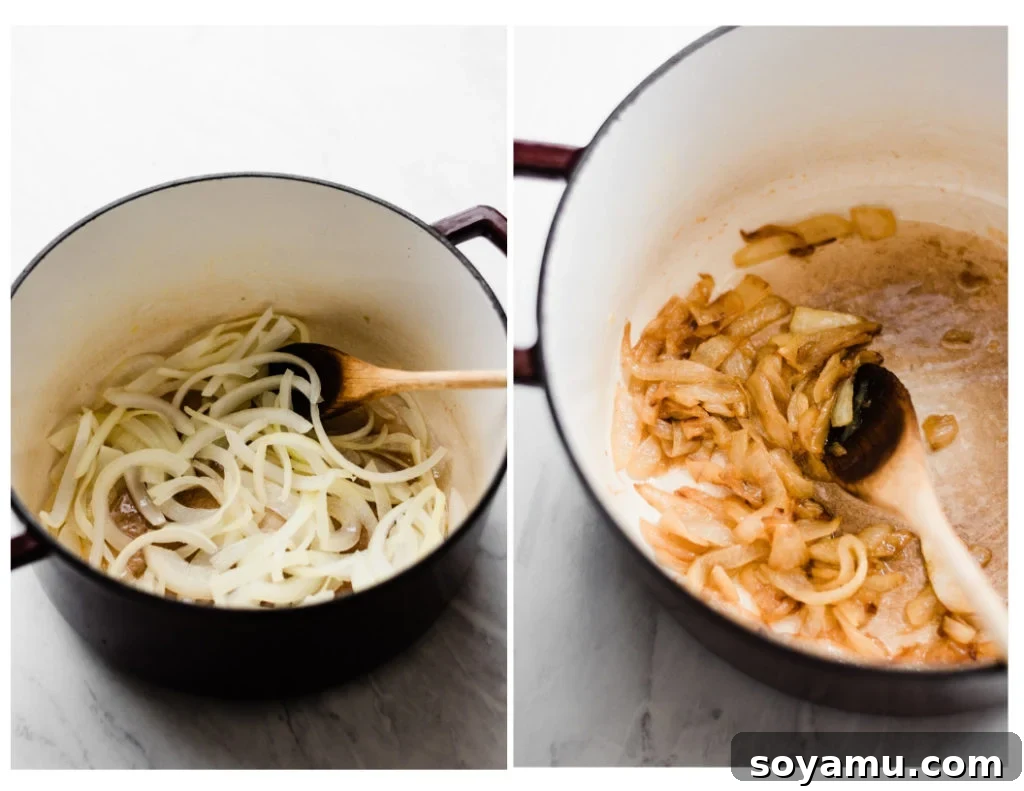 Close-up of perfectly caramelized onions in a pan, ready for grilled lamb pizzas