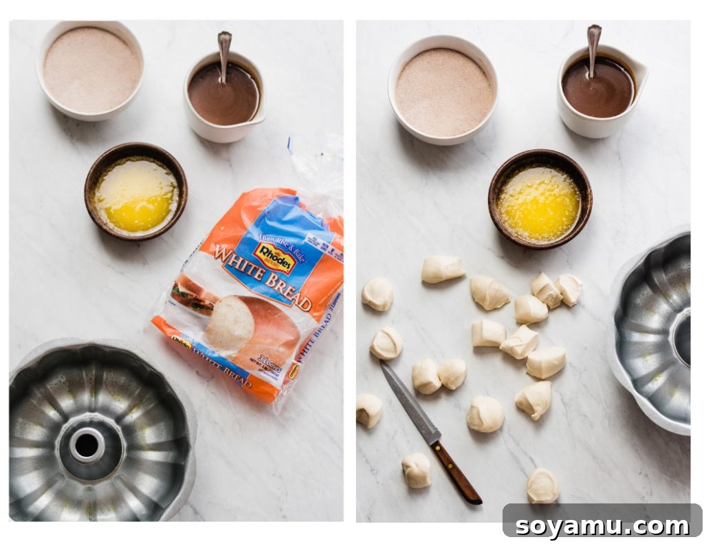 Process shot: Individual dough balls being carefully dipped into a bowl of melted butter, then rolled in a mixture of cinnamon and granulated sugar.