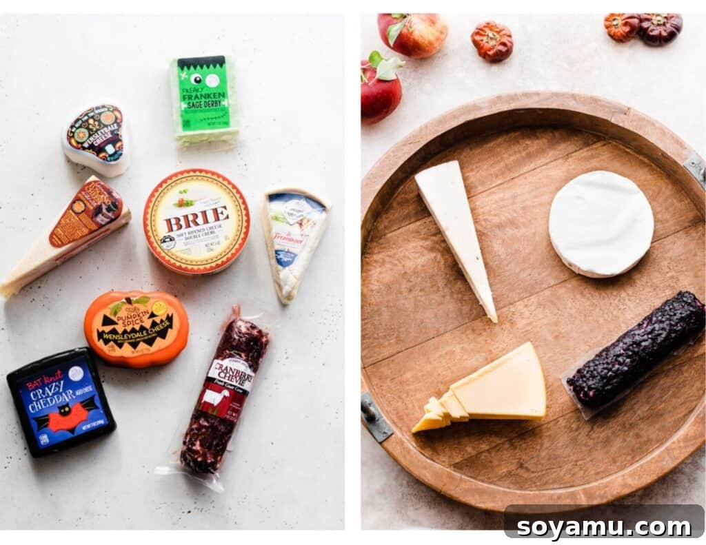 Fall Harvest Cheese Board - A curated selection of cheeses for your autumn charcuterie. Two images: one showcasing an assortment of carefully selected cheeses ready for the board, and another illustrating the initial placement of these cheeses on a wooden charcuterie board.