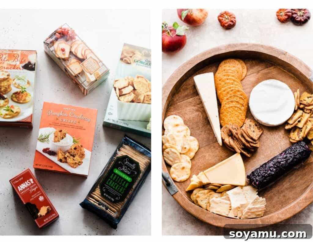 Fall Harvest Cheese Board - A variety of crackers to complement your autumn cheese board. Two side-by-side images: one displaying a diverse selection of gourmet crackers, and the other showing how these crackers are artfully incorporated onto a charcuterie board alongside cheeses.