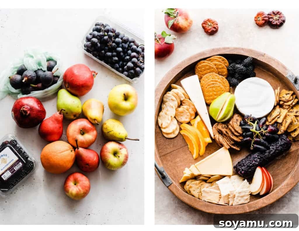 Fall Harvest Cheese Board - Fresh fruits for your autumn charcuterie selection. Two images: one showcasing a colorful array of fall produce like apples, pears, grapes, and figs, and another demonstrating the addition of these fruits to a charcuterie board already containing cheeses and crackers.