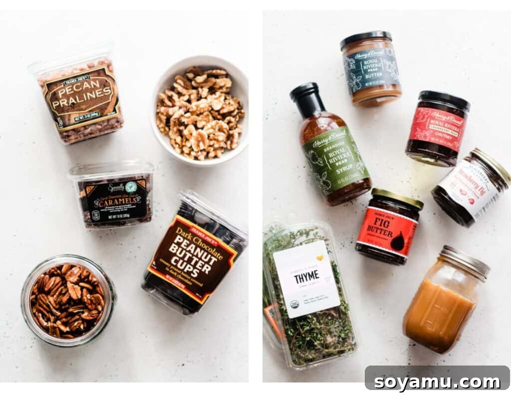 Fall Harvest Cheese Board - Delicious extras for your autumn charcuterie board. Two images showcasing delightful charcuterie board extras: one with an assortment of nuts and dark chocolates, and the other featuring small bowls of sweet jams and spreads.