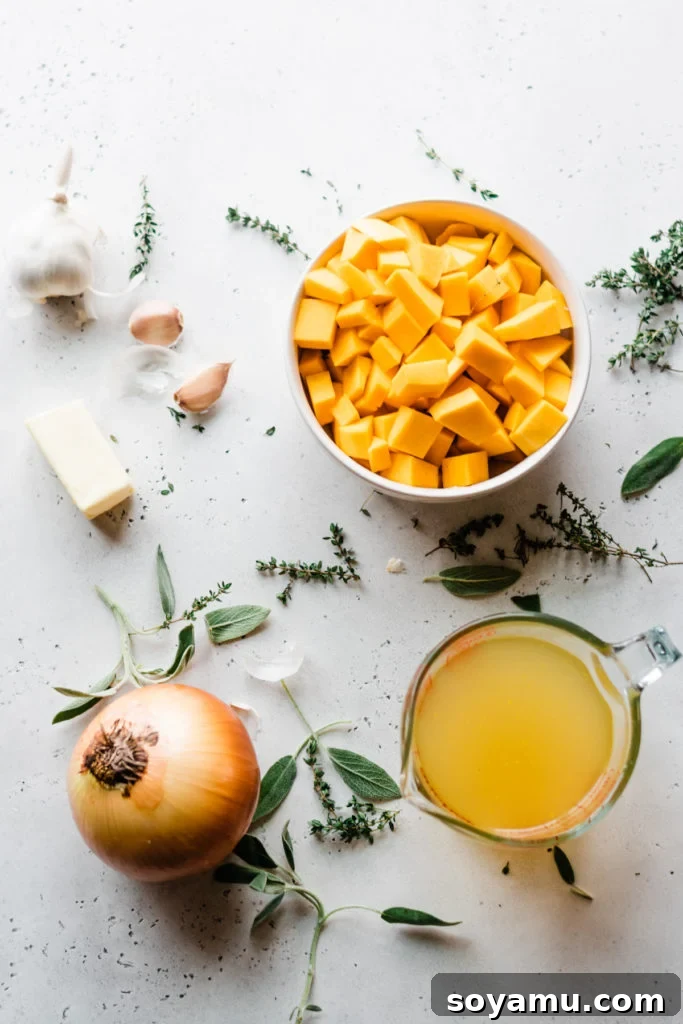 Baked Butternut Squash Mac and Cheese - Incredibly creamy, flavorful, & easy to make! Made with creamy butternut squash sauce, cheddar, parmesan, & smoked gouda cheese, fresh thyme + sage, and a crispy, buttery bread crumb topping. This side will be the star of your Thanksgiving meal! #macandcheese #easyrecipe #vegetarianrecipes #dinnerrecipes #sidedishrecipes #butternutsquashrecipes #thanksgivingrecipes #bluebowlrecipes | bluebowlrecipes.com A collection of fresh butternut squash sauce ingredients, including squash cubes, herbs, and broth, artfully arranged on a light surface.