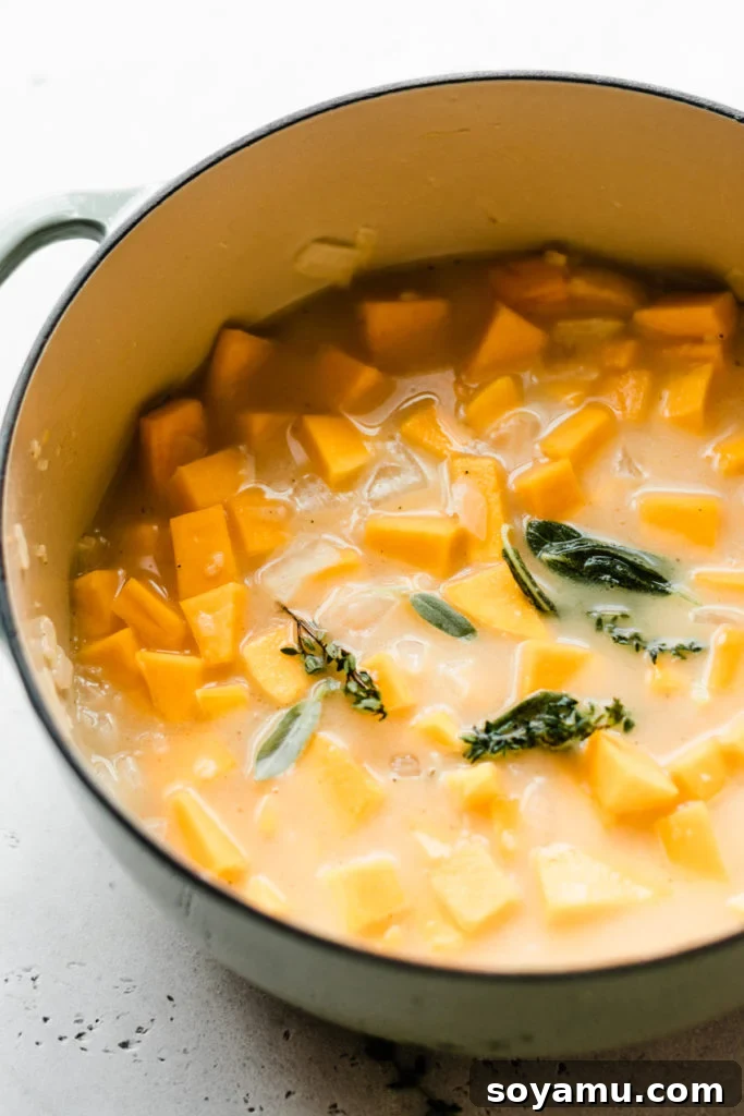 Baked Butternut Squash Mac and Cheese - Incredibly creamy, flavorful, & easy to make! Made with creamy butternut squash sauce, cheddar, parmesan, & smoked gouda cheese, fresh thyme + sage, and a crispy, buttery bread crumb topping. This side will be the star of your Thanksgiving meal! #macandcheese #easyrecipe #vegetarianrecipes #dinnerrecipes #sidedishrecipes #butternutsquashrecipes #thanksgivingrecipes #bluebowlrecipes | bluebowlrecipes.com A pot of butternut squash simmering with herbs and broth, creating the flavorful base for the mac and cheese sauce.